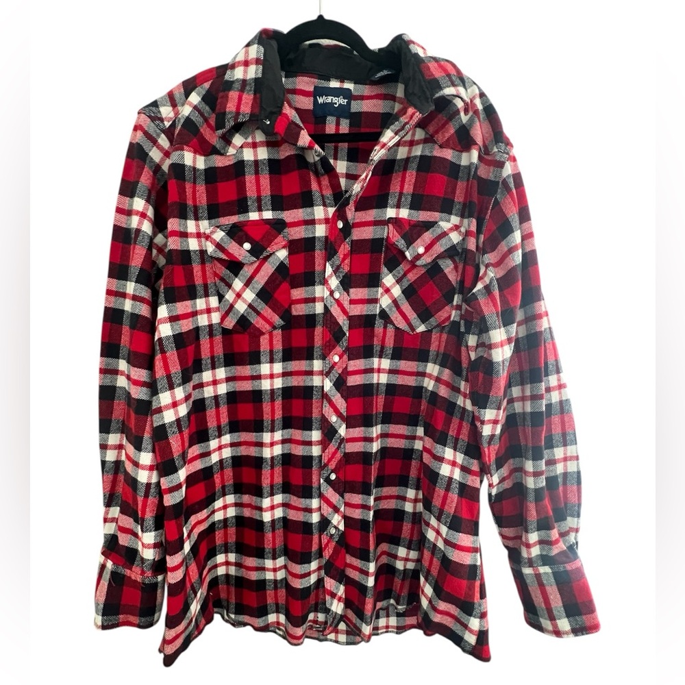 Wrangler Mens Red and Black Plaid Shirt with Pearl Snap XXL Tall 100%cotton